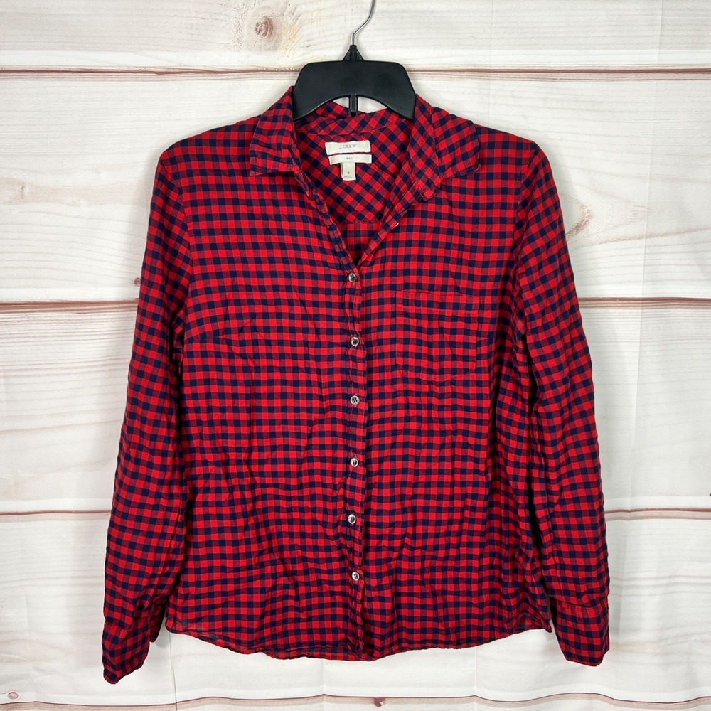 J Crew Top Womens 8 Red Blue Gingham Check Shirt Boy Cotton Blend Button Up